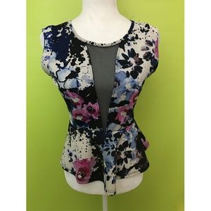 B Sharp Peplum Sheer Floral Color Black Top Sz S